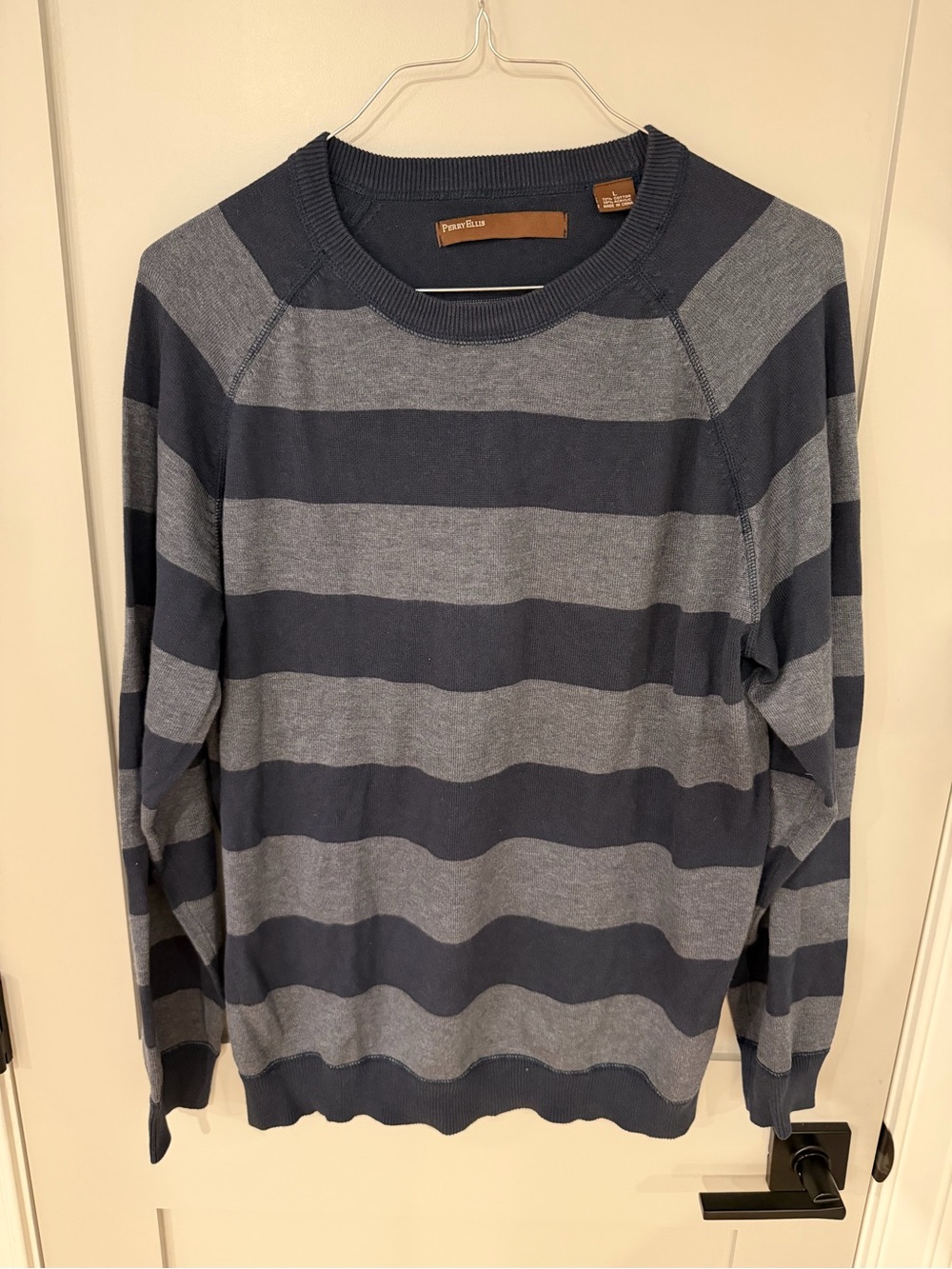Perry Ellis Striped Crewneck Sweater in Navy and Gray